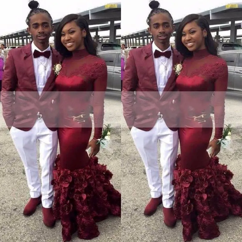 Burgundy Rose Mermaid Junior Prom Dresses High Neck Lace Long Sleeve Appliques Satin Party Dresses 2017 Custom Made Gorgeous Evening Gowns From 129 92 DHgate