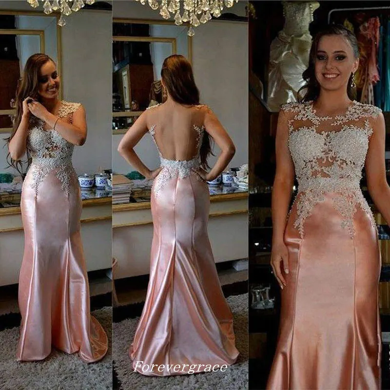 Haute qualité bijou décolleté longue robe de bal en satin sirène appliques dos nu tenue de femme occasion spéciale robe de soirée pas cher, plus la taille