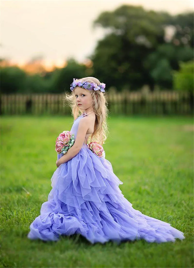 Lavender Halter Dziewczyny Korant Suknie Tulle Wielopoziomowy Długi Kwiat Girl Sukienki na ślub Kolorowe kwiaty Backless Baby Party Dress Custom