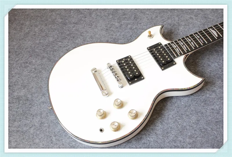 Custom Shop YMH SG Double Cutaway White Electric Guitar Abalone Body Binding Push/Pull Pot Gold Hardware