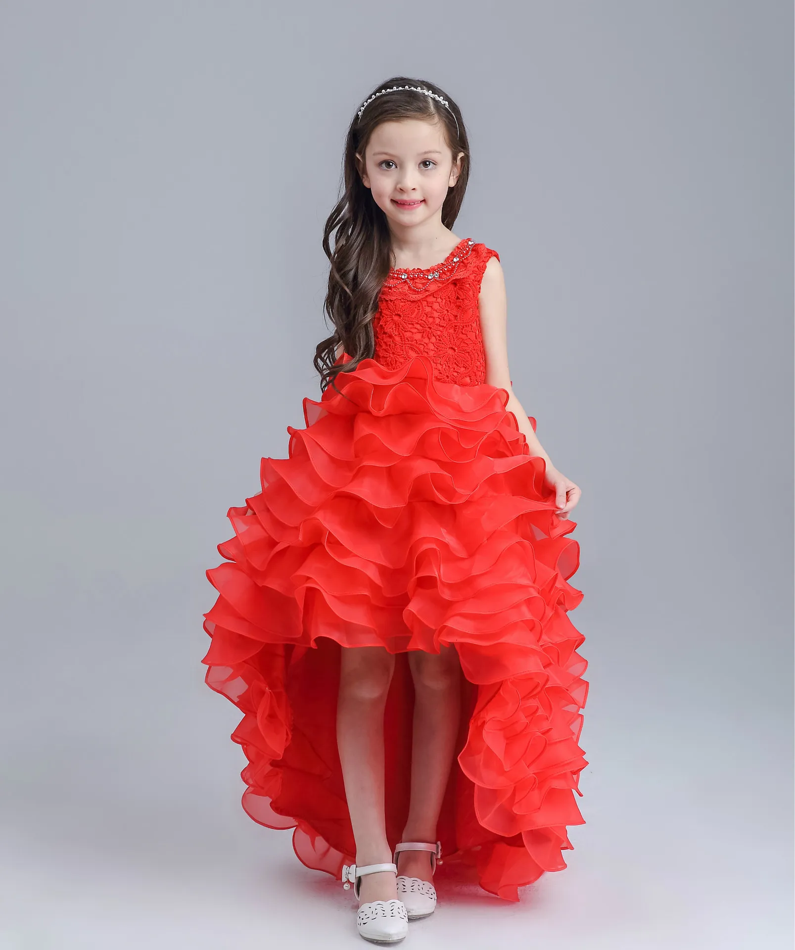 Witte prinses Lace Kinderen Flower Girl -jurken voor bruiloften Hoge laag kralen Kid Girls Parce Pageant -jurk met een lange trein voor LI3194586