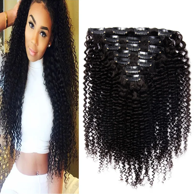 Mongolian Kinky Curly Hair Clip in Human Hair Extensions 7pcs 70g Nautral Color Clip-in Full Head Non-remy Hair