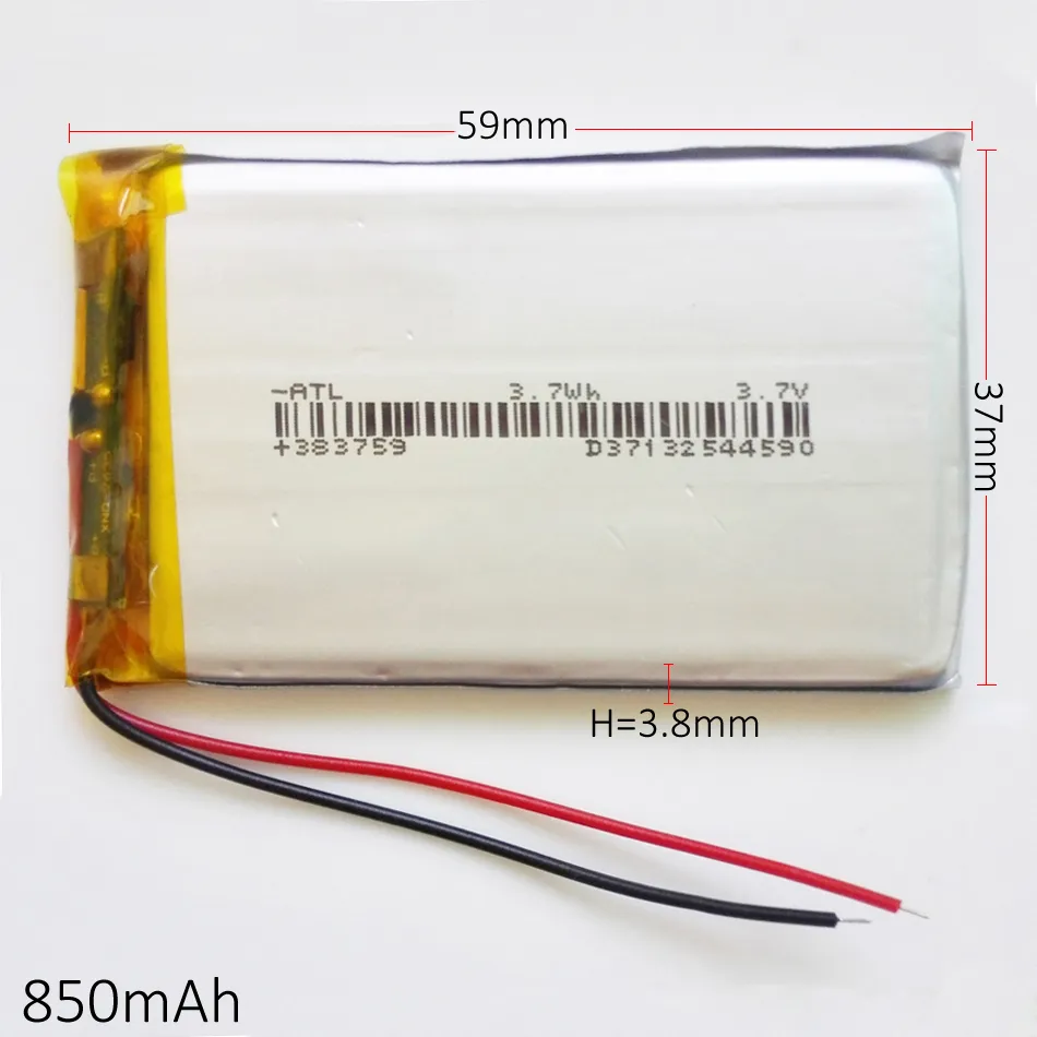 Model 383759 3.7V 850 MAH Lithium Polymer Li-Po oplaadbare batterij voor MP3 MP4 DVD Pad Mobiele Telefoon GPS Power Bank Camera E-Books Recoder