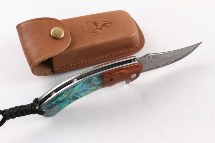 Top Quality VG10 Damasco Flipper Faca dobrável 58Hrc Ramo de Ácido Madeira + Abalone Shell Handle EDC Bolso Facas de Presente Facas de Presente Xmas Presente