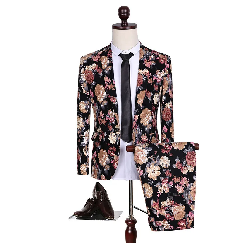 Partihandel - Vår / Höst British Två Piece Suit Mäns Fritid Blomma Skriv ut Vintage Blazer Jacket + Floral Dress Pants Set Male Slim Suits