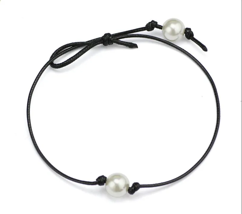 Handmade Single Pearl Leather Choker Necklace on Genuine Black Brown Leather Cord For Women Fashion Imitation Natural Freshwater Pearl