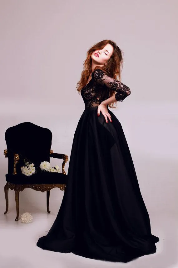 Vintage 2016 Black Lace Tulle A-Line Bröllopsklänningar Billiga V Neck 3/4 Långärmad Gothic Bröllopklänningar Plus Size Custom Made EN11107