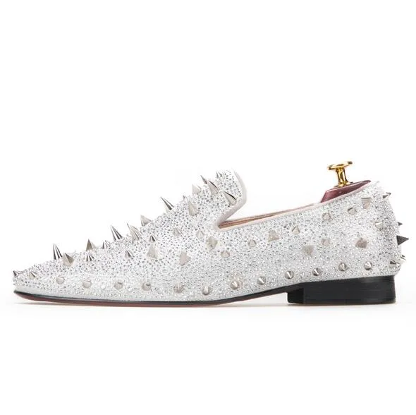 new Luxury Gold or Silver Spikes and Diamonds Men's Glitter Leather Loafers Suitable for Banquet and Wedding