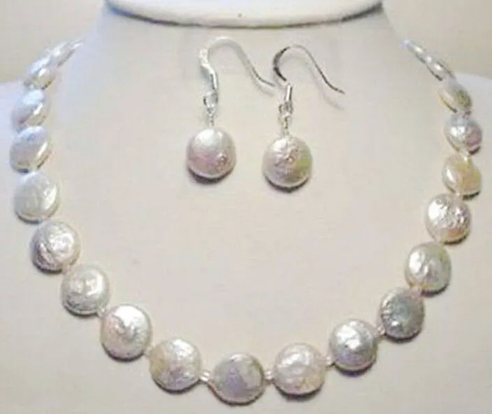 Natural11-12mm White Freshwater Pearl Coin Necklace Earrings Set 18"