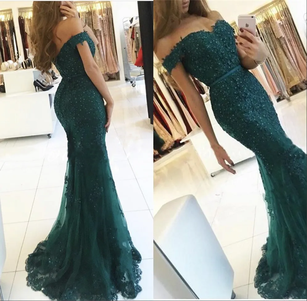 Emerald Green Elegant Couture Prom Dresses Applices Pärled Crystal Off the Shoulder Backless Mermaid aftonklänningar Vestido de Fiesta