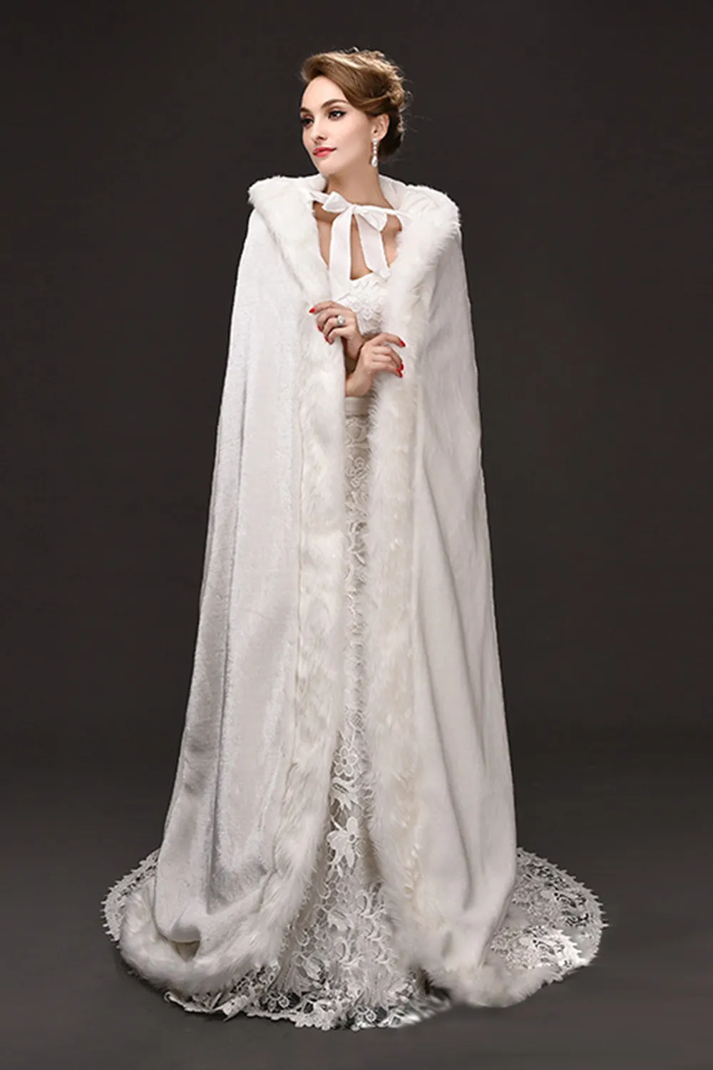 Winter War Faux Fur Bridal Cloak Warm Wraps Hooded Trim Floor Length Perfect Abaya Jacket for Wedding Cape Wraps Jacket CPA915