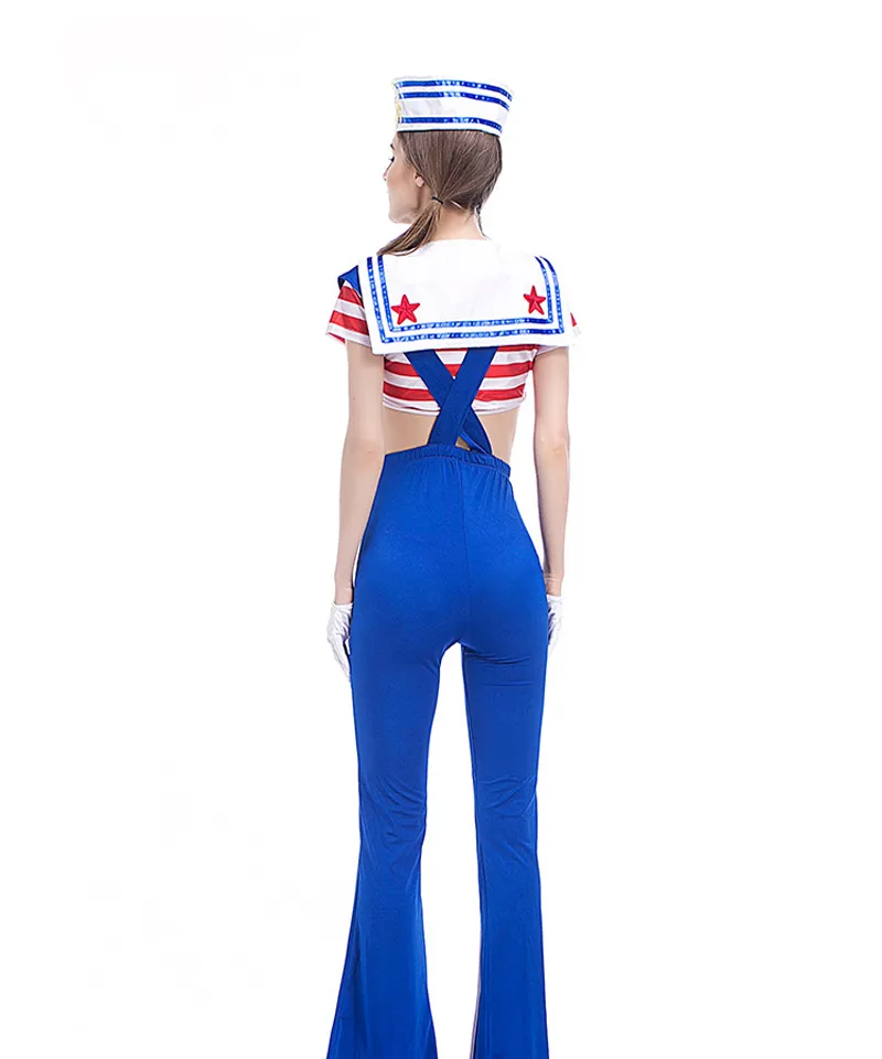 Mulheres Sexy Sailor Costume Tops E Calças Compridas Stripe Marinha Uniformes Impertinente Halloween Marinheiro Traje Cosplay