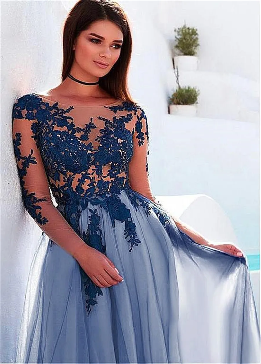 Bateau halsringning långa ärmar aline aftonklänningar med spetsapplikationer se genom blå prom klänning vestidos de formatura3604388