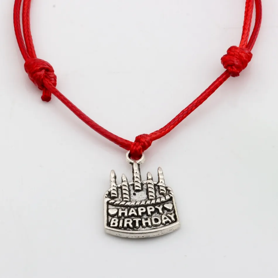 MIC Red Waxes rope Antique silver happy birthday charm Adjustable Bracelet B-51