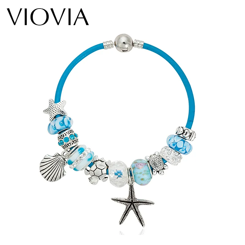 Wholesale- VIOVIA Summer Style Blue Leather Bracelets & Bangles Sea Turtle Star Shell Charm murano glass beads bracelet for women B15180