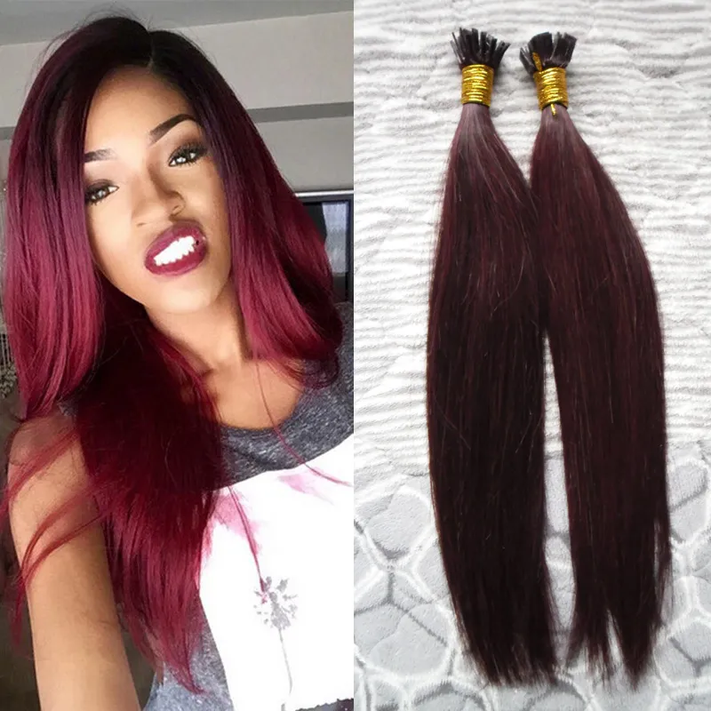 Brazylijskie Proste Włosy 99J Czerwone Wino 100g Nie Remy Stick / Flat I-Tip Hair Extensions Capsule Keratyn Fusion Hair Extensions