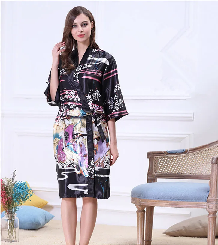 Women Japanese Yukata Kimono Nightgown Print Floral Pattern Satin Silk Vintage Robes Sexy Lingerie Sleepwear Pijama263K