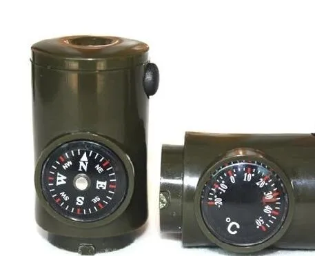 500st 7 i 1 multifunktionell militär överlevnadskit Förstoringsglas Whistle Compass Thermometer LED-ljus