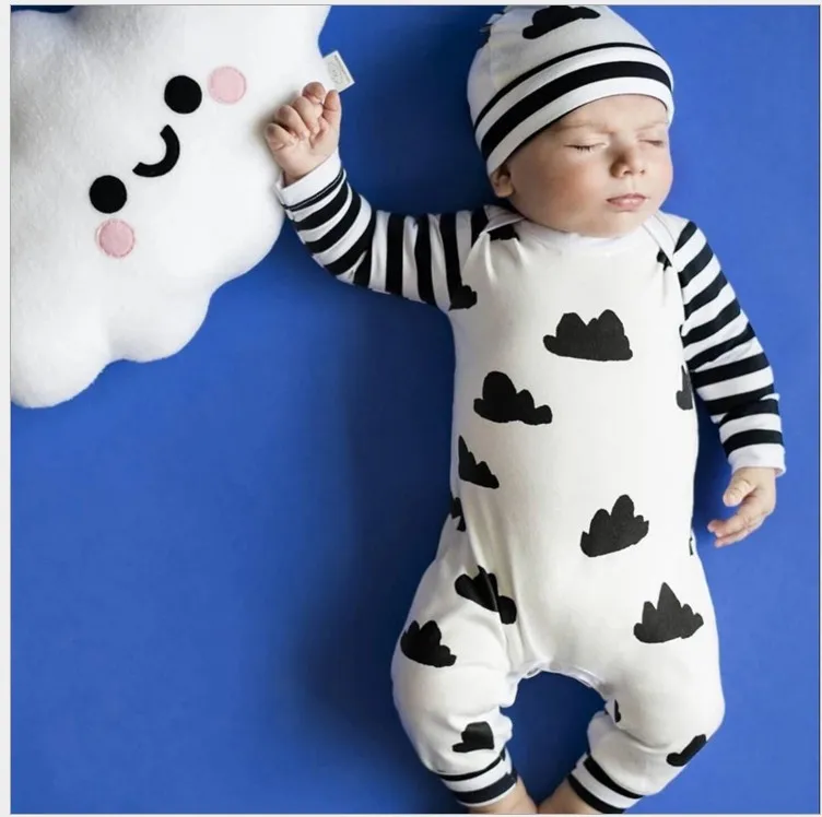 2017 Primavera Autunno Baby Clouds Pagliaccetti a righe stampati Tute a maniche lunghe neonati con cappelli Bambino bambini Pagliaccetto intero Vestiti neonati