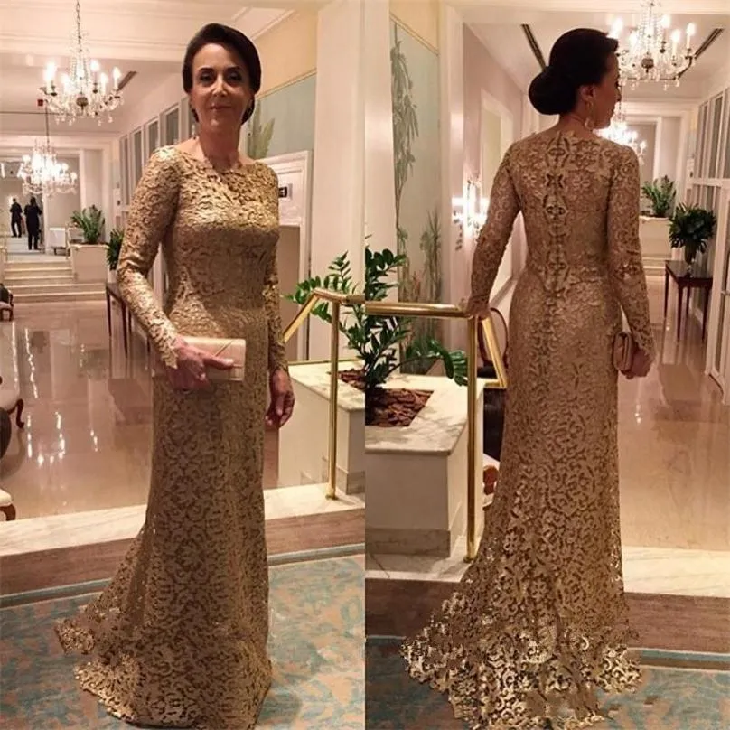 Full Lace Long Sleeves Evening Gowns Gold Bateau Sweep Train Zipper Mermaid Prom Dress Customized Formal Women Dress Mother Of The Bride