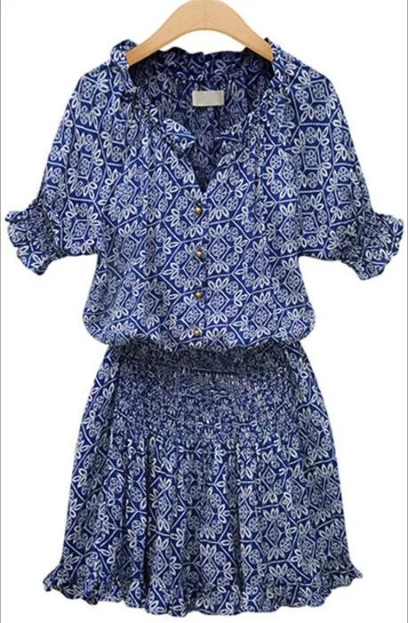 C3064 Summer Women's Florals Dress V Neck Short Sleeve Slim Waist Casual Lady's Female Dresses Blue