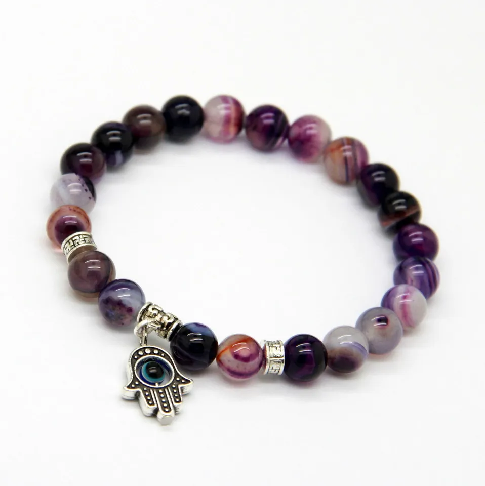 New Arrival 8mm Natural Purple Agate Stone Beads Hamsa Eye Yoga Braclets Best Gift For Men And Women