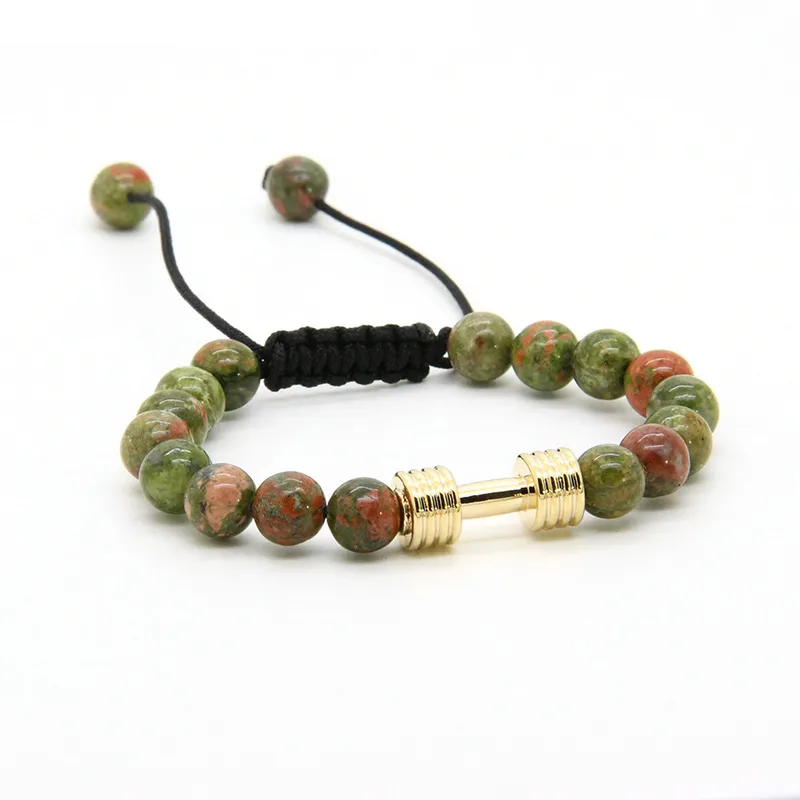 Braceletes de desporto dos homens Atacado 8mm Unakite Stone Beads com New Barbell Fitness Dumbbell Macrame Charms Pulseiras