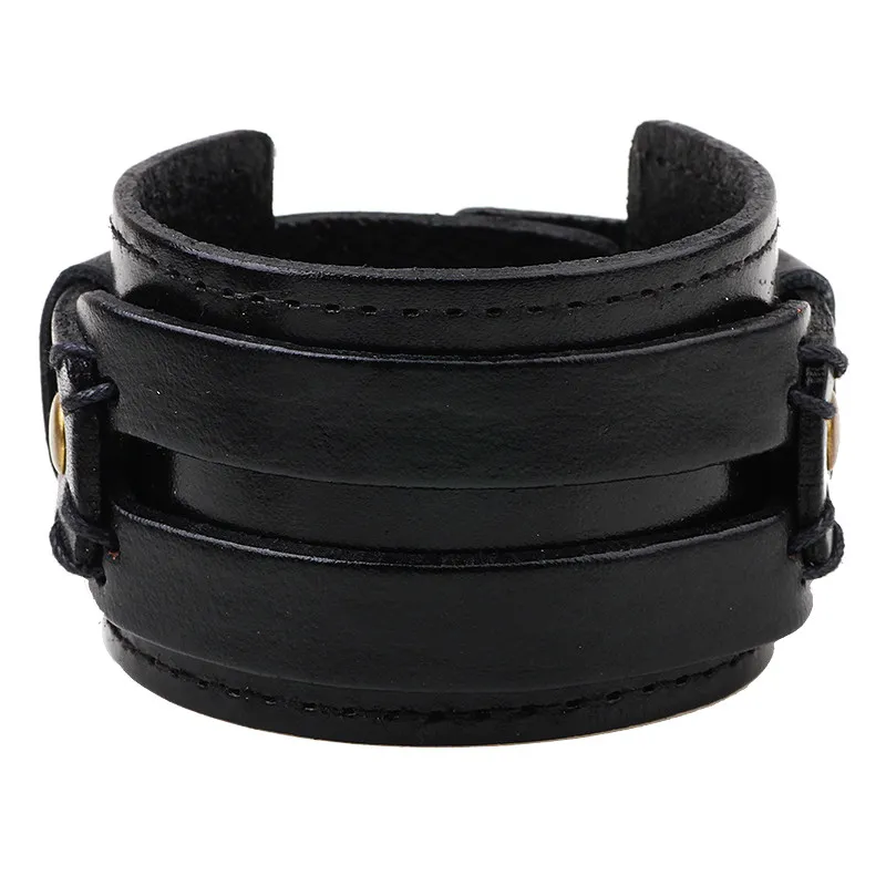 Bracelet manchette en cuir véritable pour hommes Chunky super large ceinture couverture poignet tatouage Snap fermeture cousue double bande noir brun punk unisexe