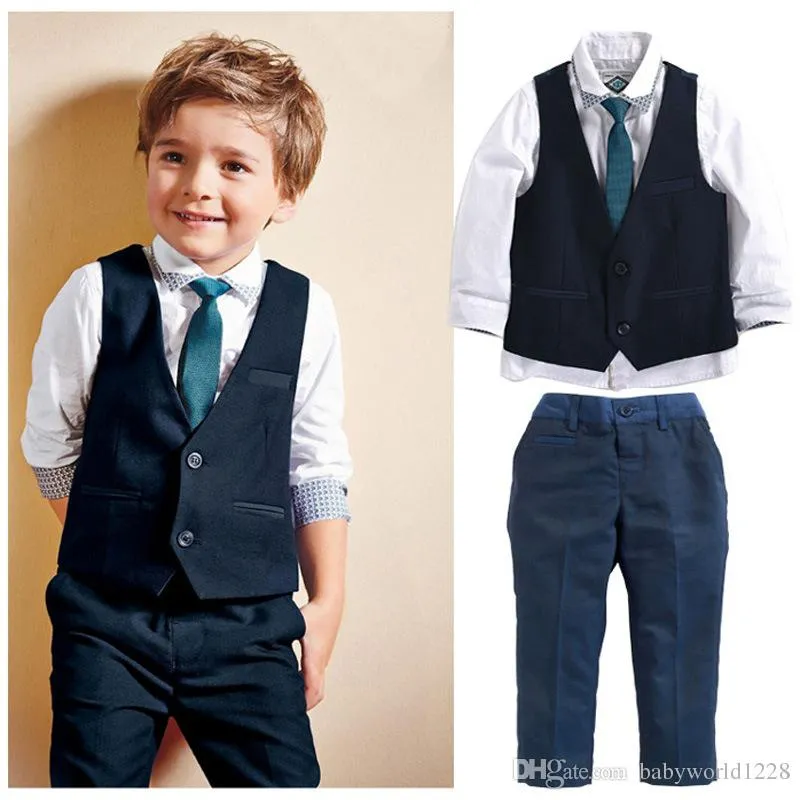 Nieuw merk babykinderen knappe herenpak jongens kleding set tops shirt waastcoat tie broek 4 stks outfits kleding