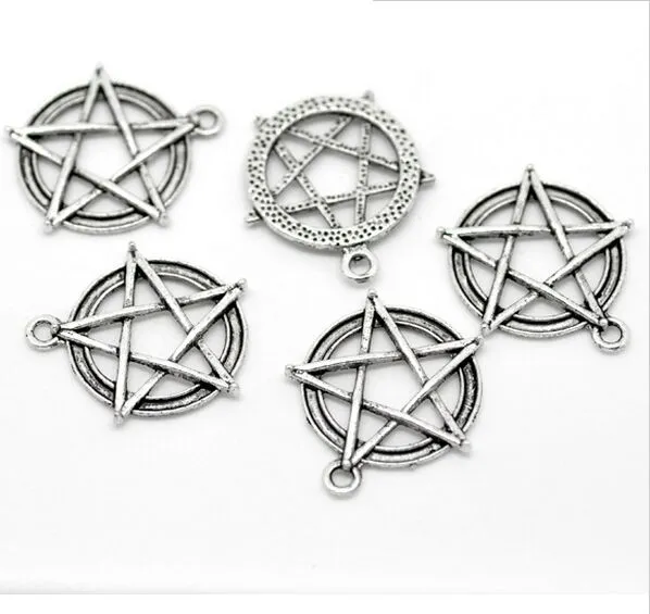 100 sztuk / partia Metalowy Stop Cynku Pentagram Charms Star Charms Antyczny Srebrny Dla DIY Biżuteria Wisiorek Charms Dokonywanie Znalezienie 30x28mm