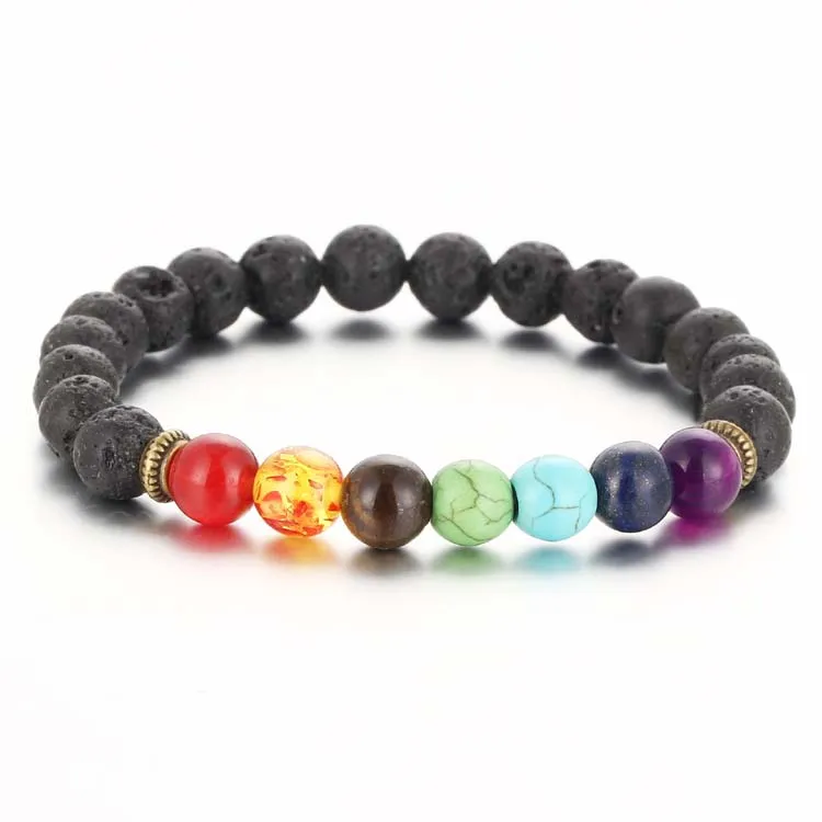 Moda 7 Chakra Pulsera Power Energy Pulsera Hombres Mujeres Moda Rock Lava Piedra Pulsera Mejor Vendedor Preferido