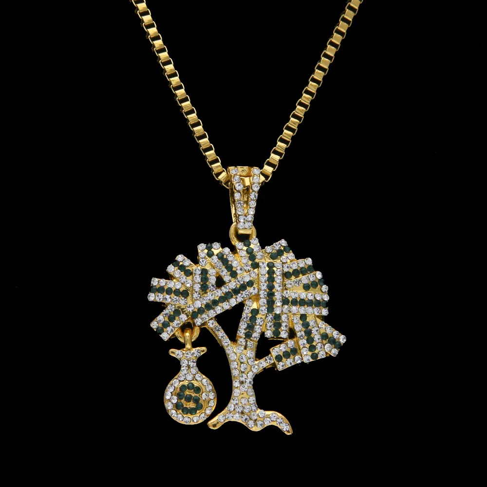 Hip Hop Gold Silver USA Money Tree Pendant Bling Rhinestone Crystal Necklace Stain for Men2613