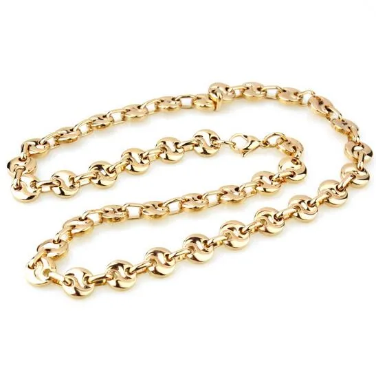 Xmas Semester Gifts Pure Rostfritt Stål Mäns Kvinnor Halsband Kaffe Bean Design Chain Link High Polished Gold Tone för Smycken 10mm 22 tum