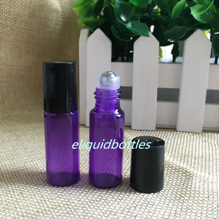 1800 stks dikke paarse glazen flessen 5ml, parfum roestvrij stalen roller bal kleurrijke geur fles gratis drop shipping