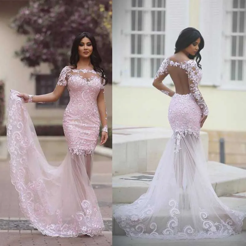 Lace Jewel Long Sleeve Pink Mermaid Evening Dress