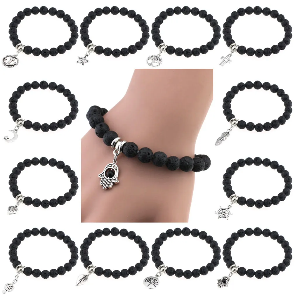 Bracciali con perline di roccia lavica calda Timone albero croce piuma stella fascino Bracciale elasticizzato in pietra naturale nera gioielli artigianali di moda da donna