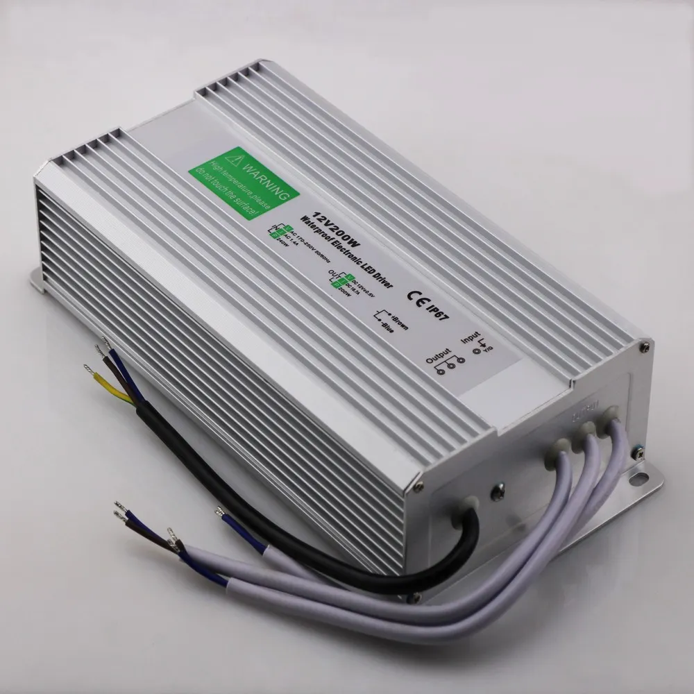 Gratis frakt Hot Selling AC90-250V 200W Aluminium Strömförsörjning Utomhus DC12V DC24V LED Transformer LED-drivrutin för LED-ljusremsa