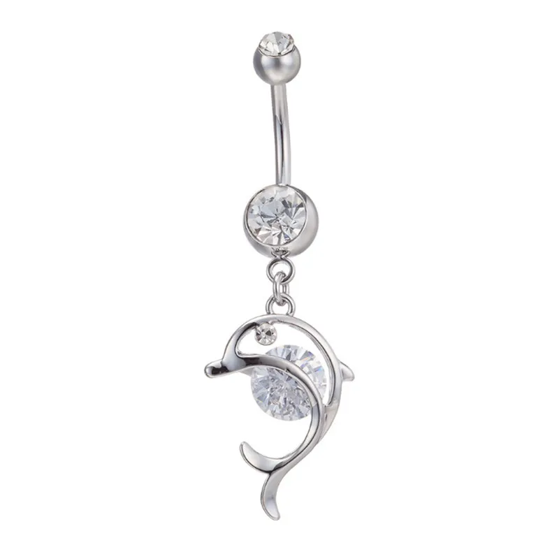 Fashion Piercing Body Jewelry Korean Deisgn Trendy White Crystal Dolphin Navel Belly Button Ring Lovery Dancing Belly Rings