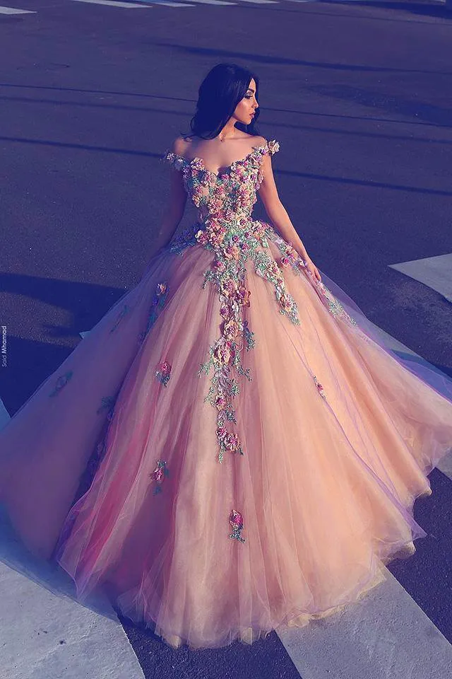 Said Mhamad Floral Prom Dresses Ball Gown Colorful Appliques Off Shoulder Sleeveless Long Party Dresses Fluffy Tulle Glamorous Evening Dress