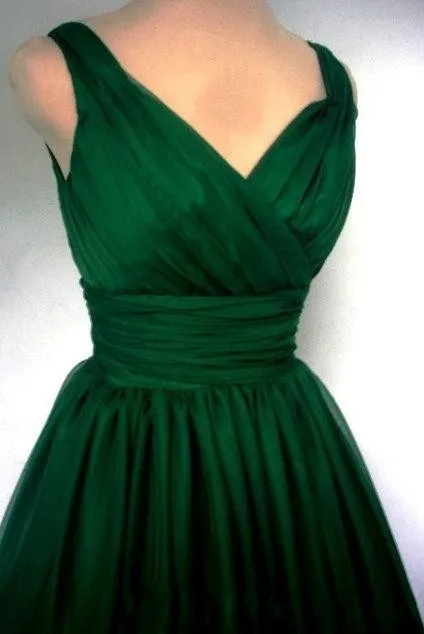 Emerald Green 1950s Cocktail Party Dress Vintage Tea Length Plus Size Chiffon Elegant Ruched V-neck Straps Real Po Short Prom G218F