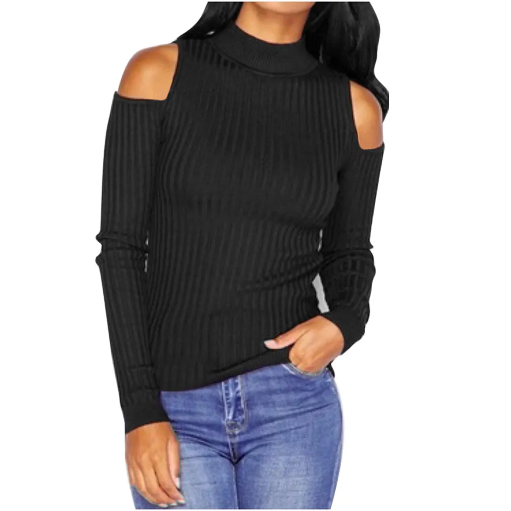 Wholesale- Autumn Winter Fashion Women Turtleneck Off Shoulder Sweater Lady Long Sleeve Knitwear Pullover Slim Fit Blouse Tops Pull Dec6