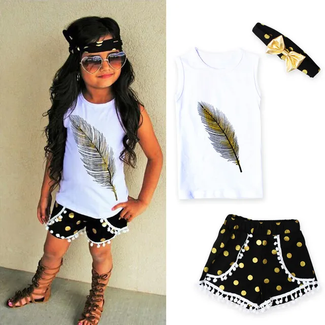 2017 Kid girls clothes Casual Clothing Sets Children's Suit Toddler Kids Feather Vest + shorts + Headband Outfits Clothes