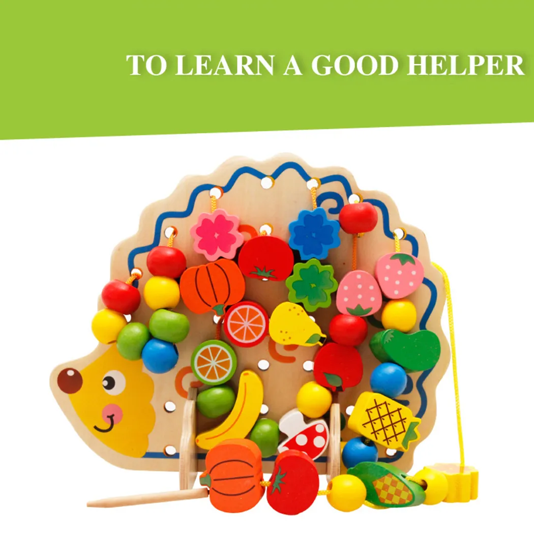 Brinquedos de rosca de madeira hedgehog lacing beads fruit aprendizagem crianças presente educativo macio montessori crianças inteligente