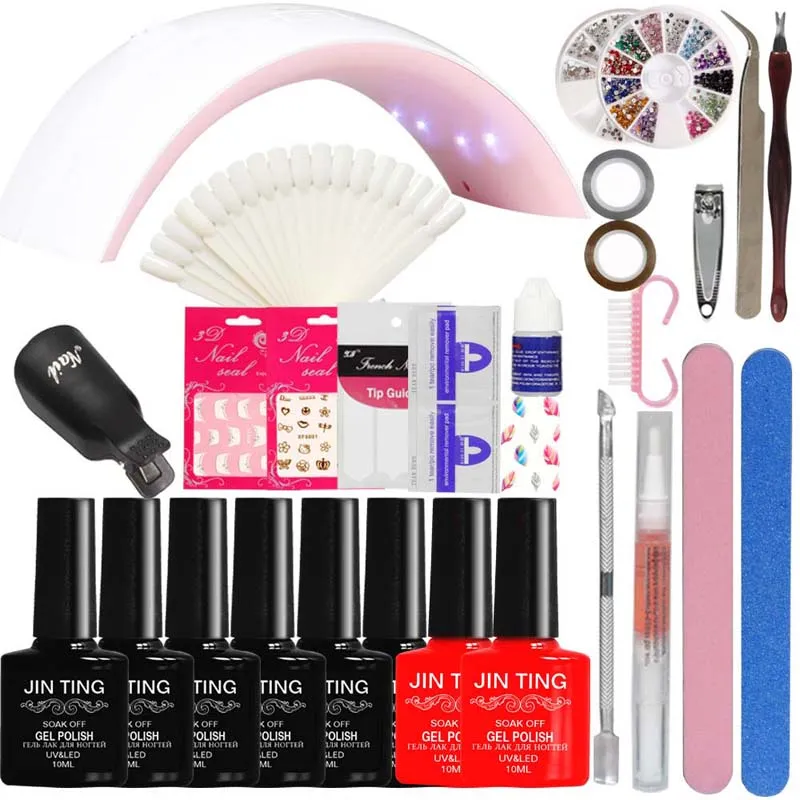 Narzędzie Nail Art Manicure 24 W Lampa LED + 6 Kolor 10ml UV LED Gel Base Top Coat Polish z francuskim removerem Remover Set