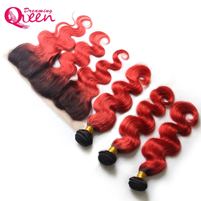 T1B Red Body Wave ombre Tais de cabelo humano virgem brasileiro 3 Pacotes com 13x4 Ear a orelha Nó de renda Fechamento frontal de renda com 22289768