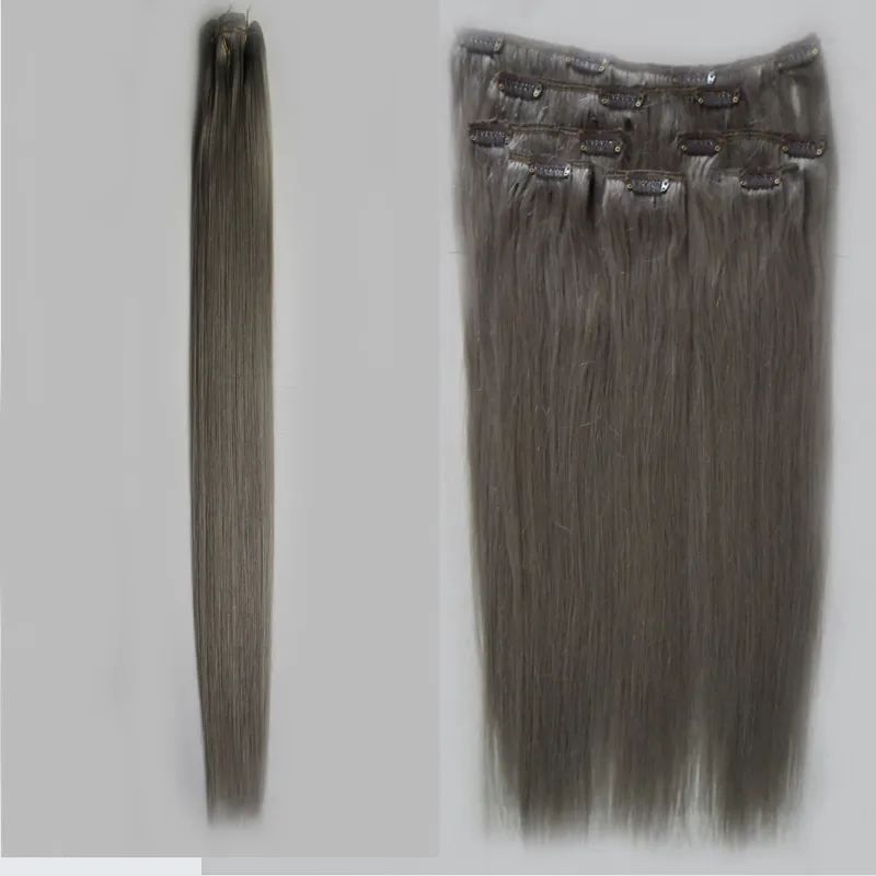 Grey Clip in Human Hair Extensions straight 100g 