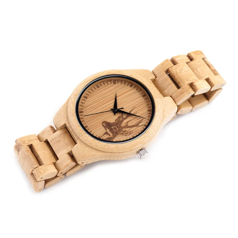 BOBO BIRD Clásico reloj de madera de bambú Elk Deer Head relojes de pulsera casual relojes de cuarzo de la venda de bambú para hombres mujeres