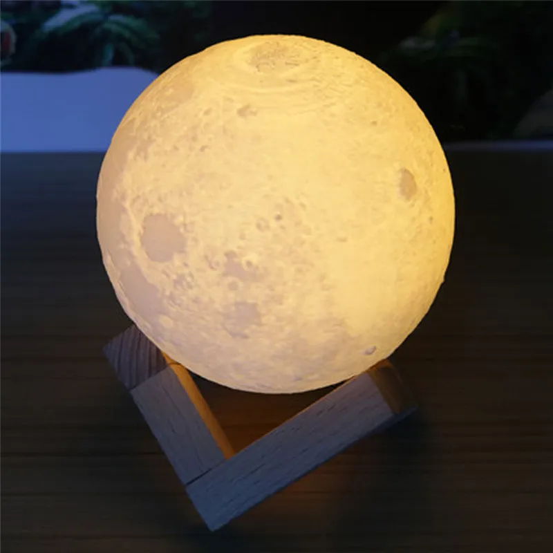 3,9 pouces 3D Moon Lamp Rechargeable Lunar Night Light Touch Control Two Tone Warm and Cool Lighting with Wooden Stand Gift Box