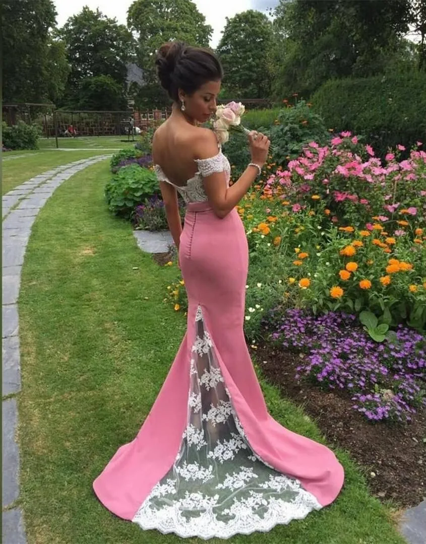 Elegante roze witte zeemeermin avondjurken lieverd off schouder appliques kant satijn backless bescheiden avondjurken sexy prom jurken