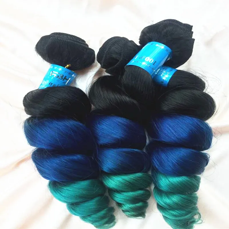 グレード8A Ombre髪の延長1B青い緑3トーンの髪の緯糸の新しいファッションオンブル色の緩い波の人間の髪の束3本